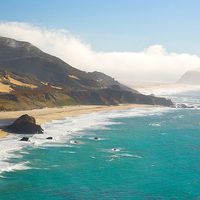 Big Sur. Pacific Ocean. Waves. Beach. Point Sur on the Pacific coastline near Big Sur, California.