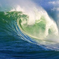 A big, powerful wave breaking near the shore.