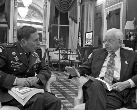 Sen. Robert Byrd meeting with David Petraeus, Jan. 23, 2007, after Petraeus was appointed to command multinational forces in Iraq.