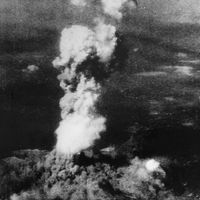 Smoke billowing 20,000 feet above Hiroshima, Japan, from the first atomic bomb every dropped in World War II.