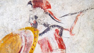 The video thumbnail image shows an ancient drawing of a gladiator holding a shield and spear.