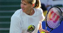 Tennis player Steffi Graf practices at the 1999 TIG Tennis Classic.