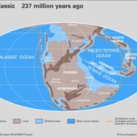 Paleogeography and paleoceanography of Early Triassic time. The present-day coastlines and tectonic boundaries of the configured continents are shown at the lower right. Continents, continental drift, plate tectonics, Pangea, Laurussia, Gondwana.