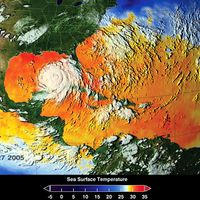 Warm water fuels Hurricane Katrina. This image depicts a 3-day average of actual dea surface temperatures for the Caribbean Sea and Atlantic Ocean, from August 25-27, 2005.