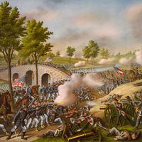 Battle of Antietam, Sept. 17, 1862, lithograph by Kurz and Allison, circa 1888.