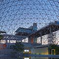 The United States pavilion, World's Fair, Montreal, by Buckminster Fuller built n 1967. The structure is now known as the Montreal Biosphere and houses an environmental museum inside the original geodesic dome. Reflection