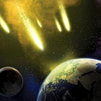 Artist interpretation of space asteroids impacting earth and moon. Meteoroids, meteor impact, end of the world, danger, destruction, dinosaur extinct, Judgement Day, Doomsday Predictions, comet