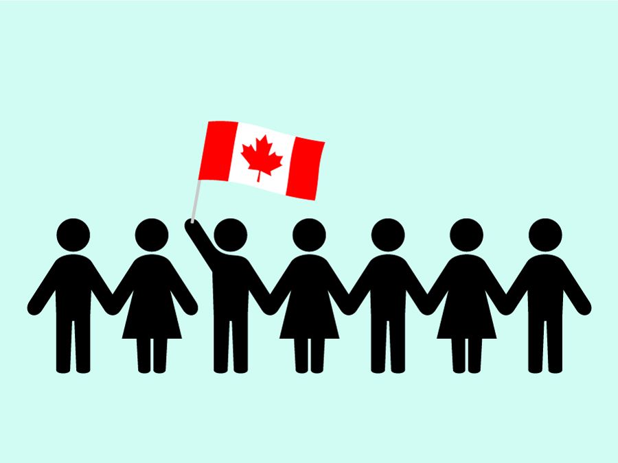 Stick figure illustrations holding hands with the Canadian flag.