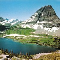 Bear Hat Mountain above Hidden Lake on a crest of the Continental Divide in Glacier National Park, Montana