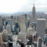 New York city skyline aerial with the Empire State Building, New York City, New York.