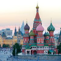 Taken at sunset, St. Basil's Cathedral towers over Red Square, Moscow, Russia.