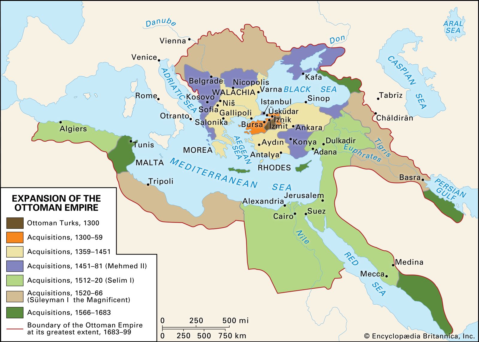 This map shows the territorial expansion of the Ottoman Empire from 1300 to its greatest extent in 1683-99, highlighting different periods under rulers such as Mehmed II, Selim I, and Süleyman the Magnificent, and marking key cities, seas, and geographical boundaries in Europe, North Africa, and the Middle East.