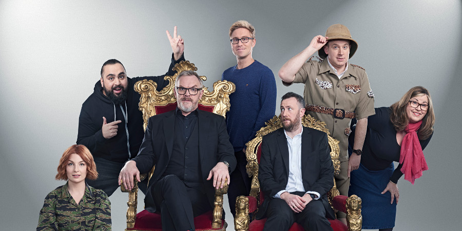 Taskmaster. Image shows from L to R: Alice Levine, Asim Chaudhry, Greg Davies, Russell Howard, Alex Horne, Tim Vine, Liza Tarbuck. Copyright: Avalon Television