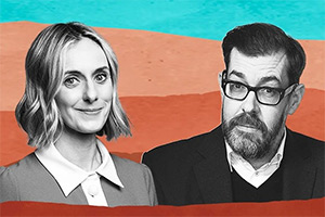 The Rest Is Entertainment. Image shows left to right: Marina Hyde, Richard Osman