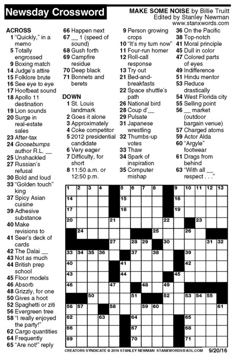 Newsday Crossword Puzzle for Sep 20, 2016, by Stanley Newman | Creators ...