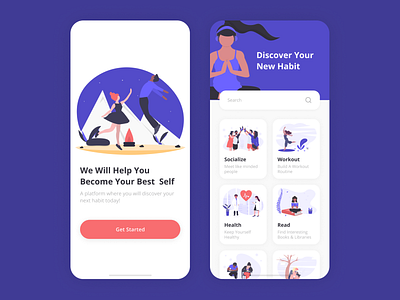 Habits App android app catalog community habit illustrations interface mobile modern productive read search social training ui ux workout