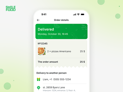 Order Details Food Ordering Mobile App | Smile Food couriers route delivery app delivery service edit address fast food food and drink food delivery service foodie mobile app mobile app design online food online food delivery order details ordering pizza delivery service status ui design user flow uxui