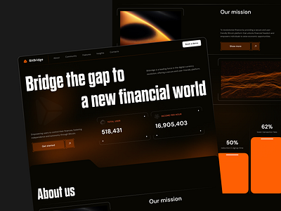 Promo landing page for a cryptocurrency financial platform bitcoin crypto currency dark finance gradient interface landing page promo ui ux