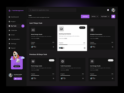 Task Management application cart dark theme dashboard navigation design icon interface menu nav side menu side navigation sidebar task management uidesign uiuxdesign user interface website workflow