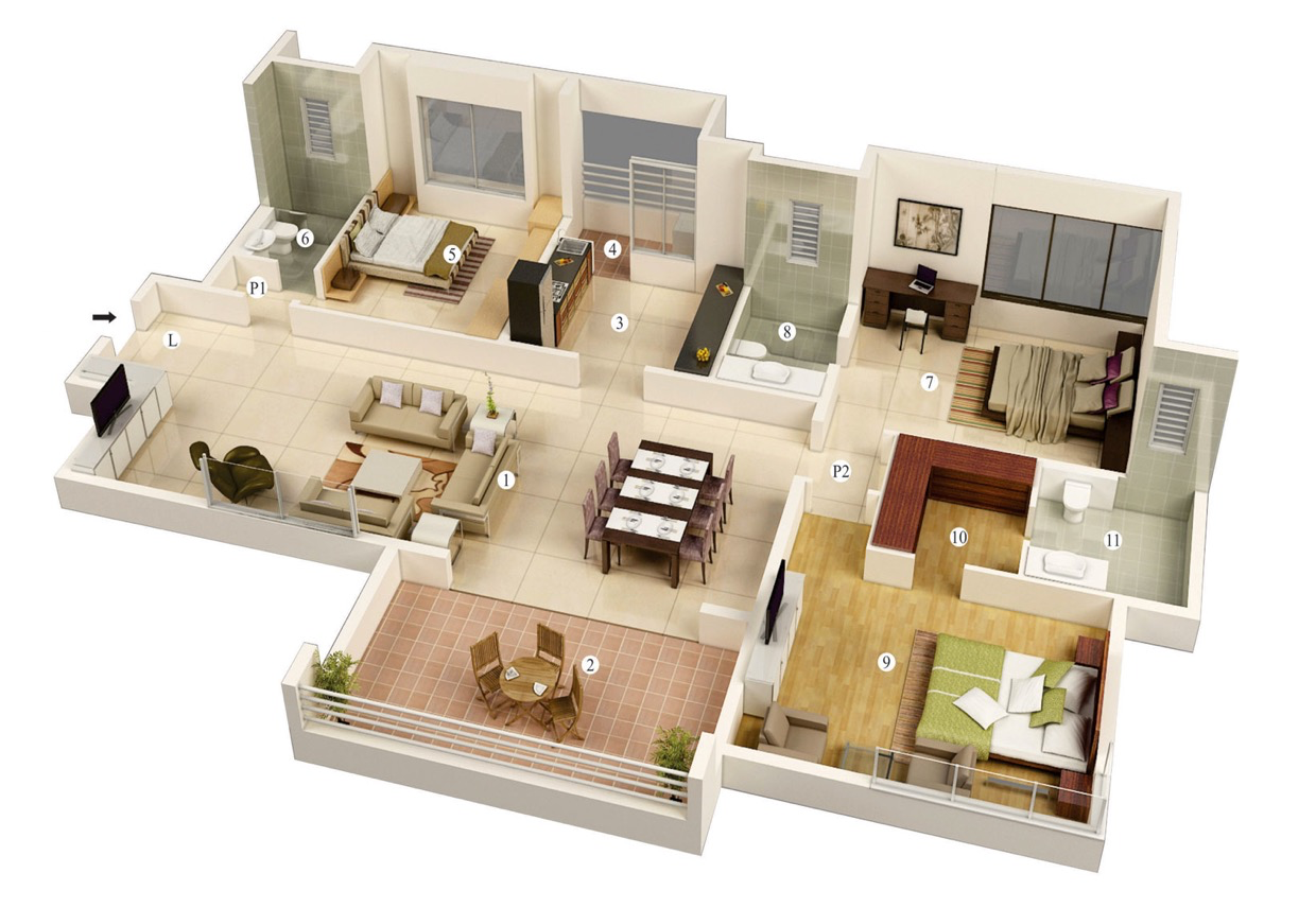 Large Open Concept 3 Bedroom House Floor Plan Design 3D Useful – New ...