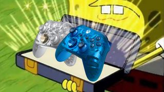 Spongebob holding a treasure box containing two Xbox Cipher controllers