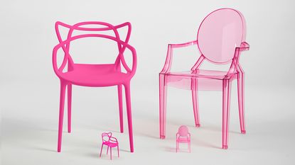 Barbie and Kartell pink chairs and doll chairs