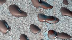 Frozen sand dunes sit locked in place in Mars' northern hemisphere, stuck until the spring thaw melts their icy shells