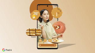 Screenshot from Japanese Google Pixel 6 ad featuring a woman and floating donuts. 