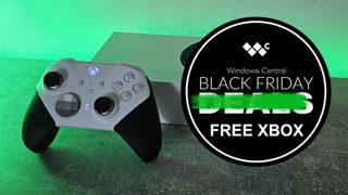 Xbox Series S console with green backlighting overlayed by a Black Friday deal graphic.