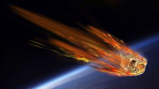 A piece of space debris streaks with flame as it burns up in the atmosphere.