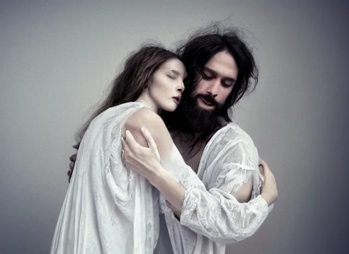 couple, jesus hugging a woman, spirit hugs, in style | Stable Diffusion