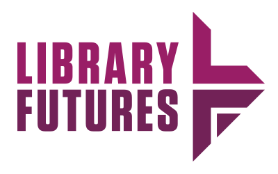 Library Futures written in two lines in two shades of purple, with a stylized L and F forming an arrow pointing forward.