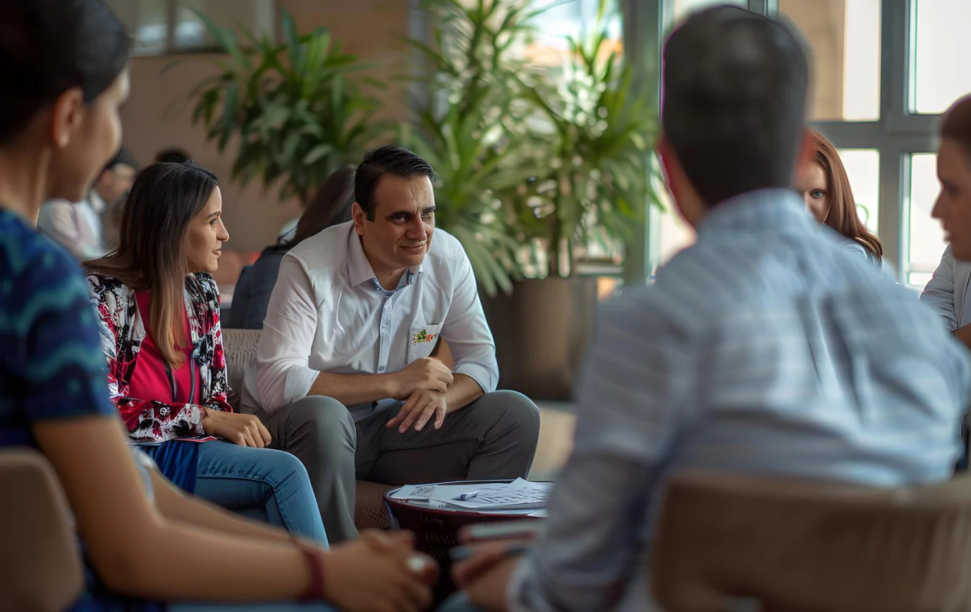 A group of individuals seated at a table, engaged in lively discussion