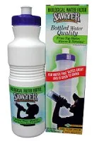 White and green Sawyer water bottle and box