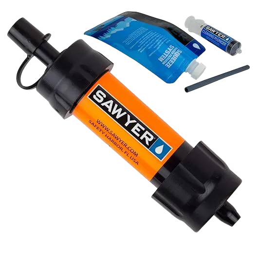 A orange Sawyer Products mini water filter with a squeeze pouch, straw and a cleaning plunger