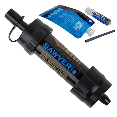 A black Sawyer Products mini water filter with a squeeze pouch, straw and a cleaning plunger