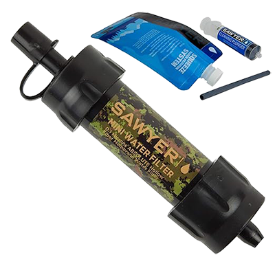 A camouflage pattern Sawyer Products mini water filter with a squeeze pouch, straw and a cleaning plunger