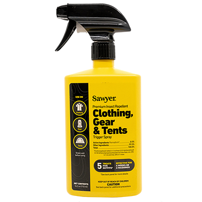 A trigger spray bottle of Sawyer premium Permethrin insect repellent