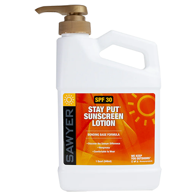 A dispensing jug of Sawyer Stay Put Sunscreen SPF 30 lotion