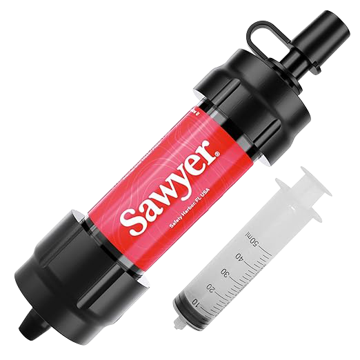 A single red Sawyer mini water filter with a cleaning syringe