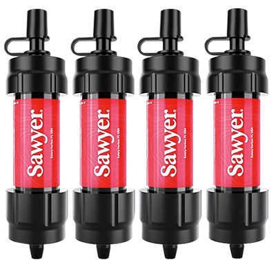 Four red Sawyer mini water filters