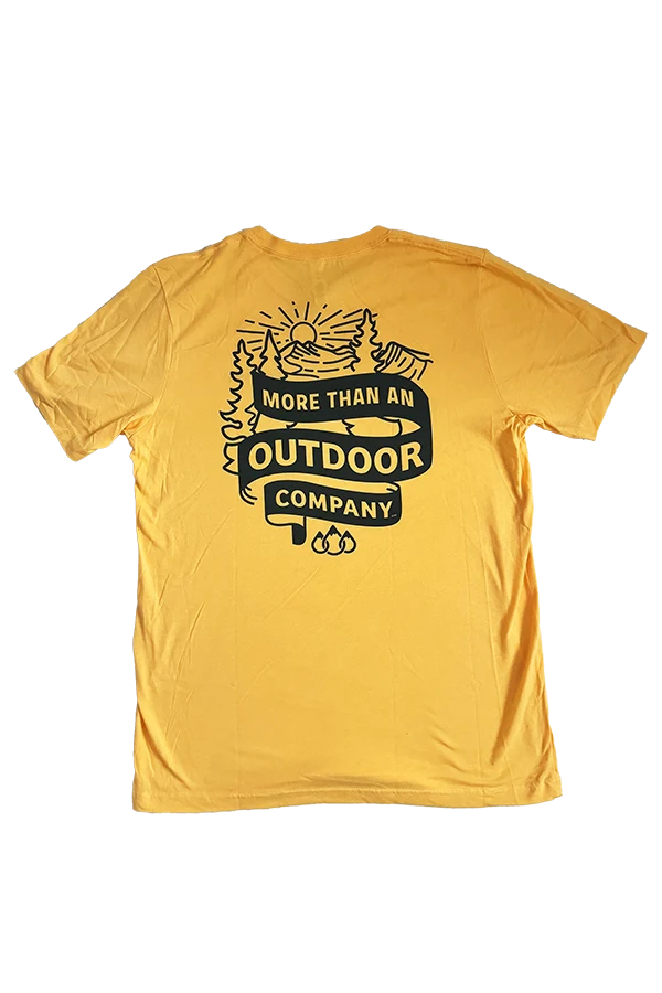 A yellow t-shirt with more than an outdoor company illustration on back