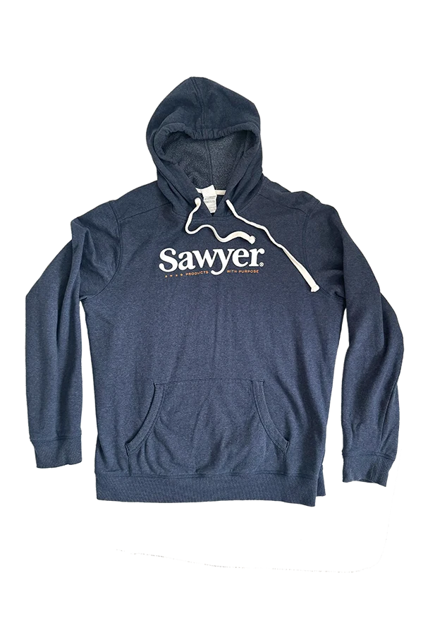 A blue gray hoodie with Sawyer logo on front