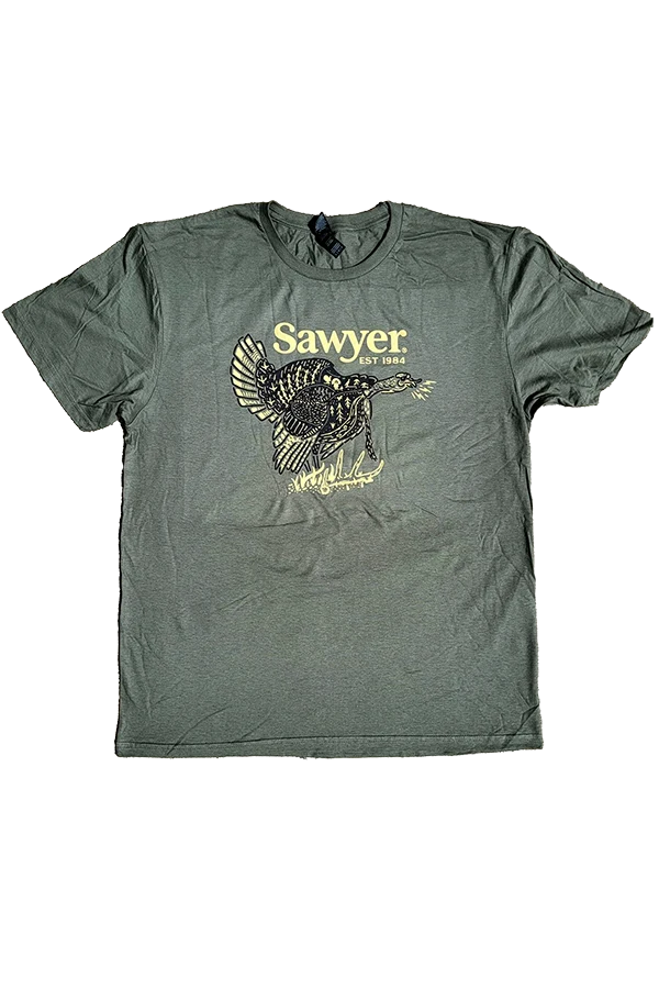 A green t-shirt with Sawyer logo and a turkey illustration