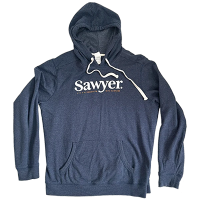 A blue gray hoodie with Sawyer logo on front