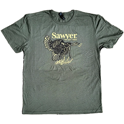 A green t-shirt with Sawyer logo and a turkey illustration