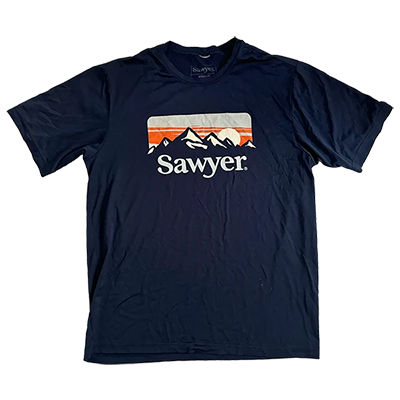 A blue gray t-shirt with Sawyer logo and mountain image