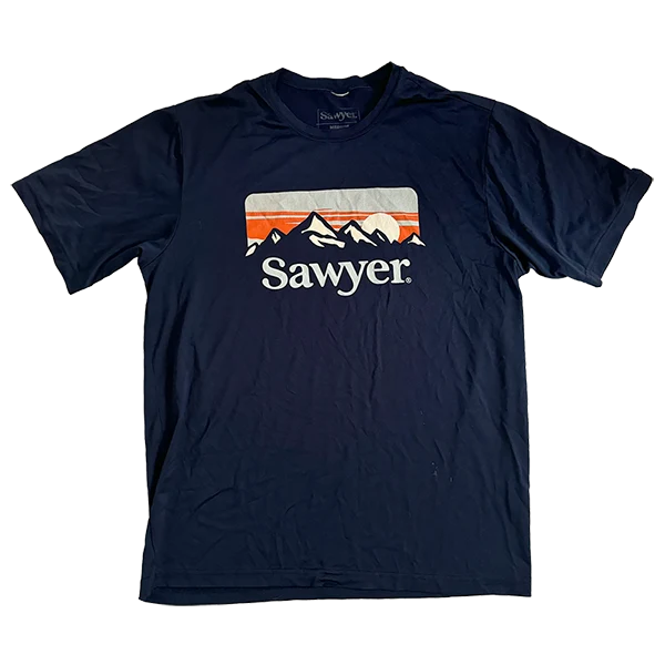 A blue gray t-shirt with Sawyer logo and mountain image