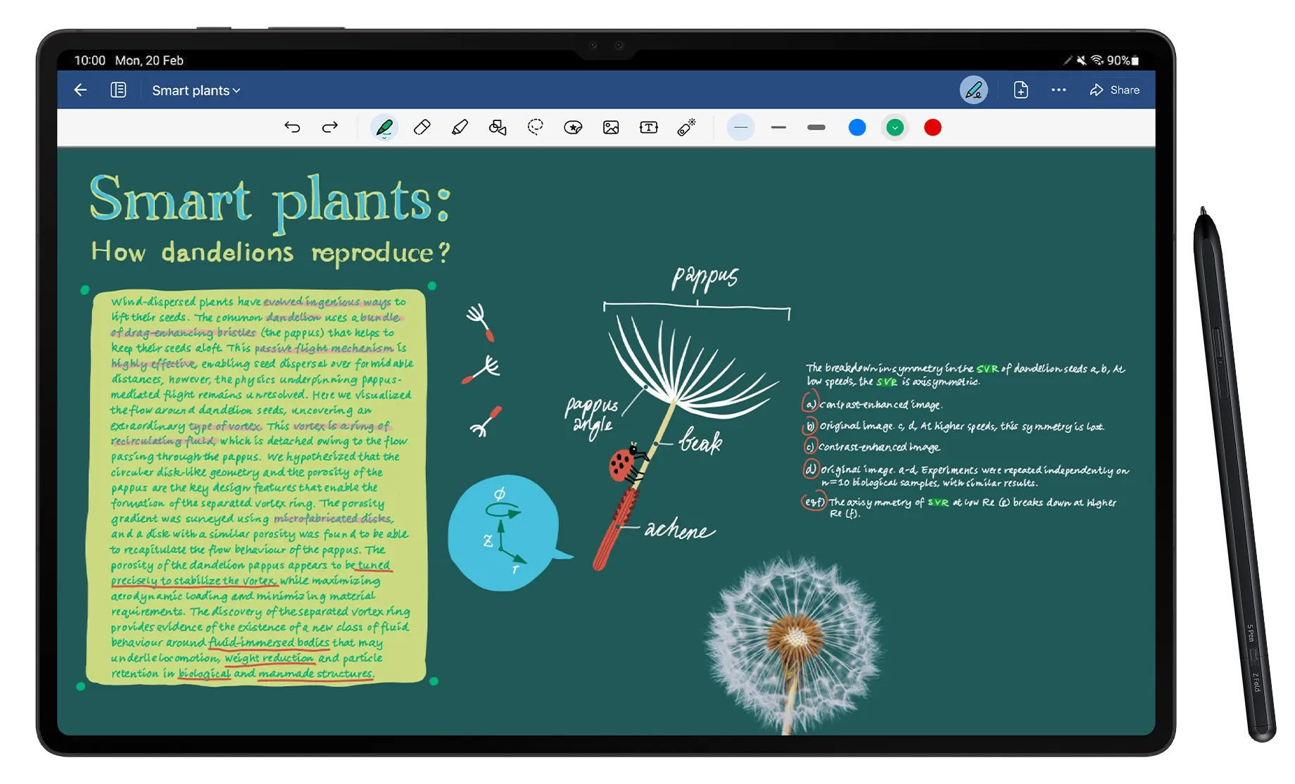 The display of Goodnotes for Android with the note of dandelions