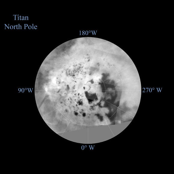 The northern hemisphere of Titan is seen in this polar stereographic map, assembled in 2015 using the images of the moon from NASA’s Cassini mission. The mean radius of Titan used for projection of this map is 1,600 miles (2,575 km). Image credit: NASA / JPL-Caltech / Space Science Institute.